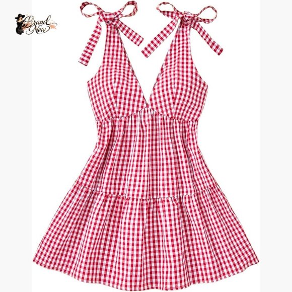 Plaid Tie Shoulder Mini Dress Ruffle Hem Deep V Neck Sleeveless Y2K